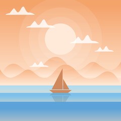 Flat desidn Sea landscape, Nature vector background, landscape with mountains and sun with boat 