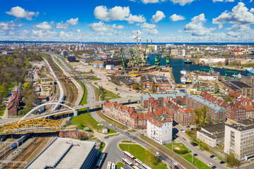 Fototapeta na wymiar Aerial view of city center in Gdansk with shipyard area. Poland