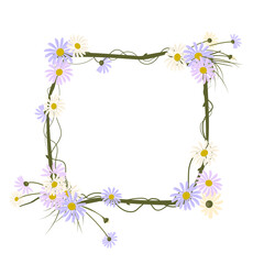 Fototapeta na wymiar Daisy wreath. Square frame, cute purple and white flowers with yellow hearts. Holiday decorations for wedding, holiday, postcard, poster and design