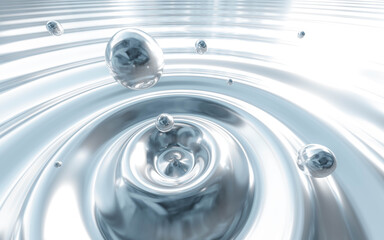blue abstract water dop with ripples reflection chrome metallic surface 3d render illustration