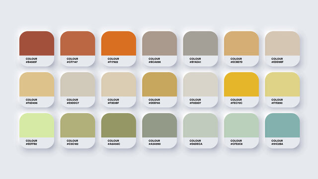 Pantone Colour Palette Catalog Samples Yellow and Green in RGB HEX. Neomorphism Vector