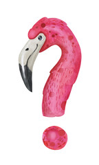 Cute flamingo bird vector hand drawn in watercolor in the shape of interrogation mark, question mark.