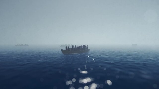 Refugees On Small Boats Sailing Through Thick Fog Over Sea
