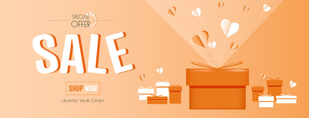 Sale banner with presents. Flat vector illustration.