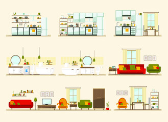 set with interiors, bathroom, kitchen, living room, flat vector illustration of rooms with furniture