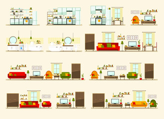 set with interiors, bathroom, kitchen, living room, flat vector illustration of rooms with furniture