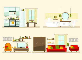 set with interiors, bathroom, kitchen, living room, flat vector illustration of rooms with furniture