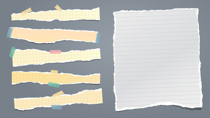 Set of torn yellow, grey note, notebook paper pieces stuck on dark grey background. Vector illustration