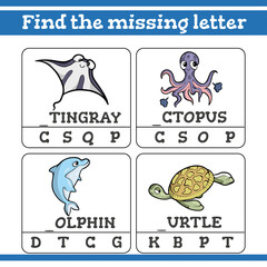 Find the missing letter Game for Preschool Children. Vector illustration