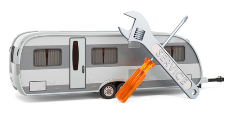 Service and repair of camper trailer. 3D rendering - obrazy, fototapety, plakaty