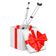 Underarm crutches inside gift box, present concept. 3D rendering