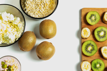 Ingredients for smoothies, proper nutrition, fruits, kiwi, bananas, cottage cheese, on a white background, in close-up, isolations, super view