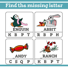 Find the missing letter Game for Preschool Children. Vector illustration