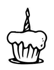 Vector cupcake with icing and a burning candle at the top hand-drawn in doodle style with a black line on a white background for a greeting card design template. birthday symbol