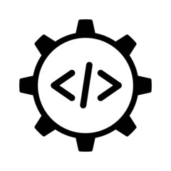 Vector high quality computer programming line icon isolated on white background. Code symbols inside cogwheel representing the concept of coding 