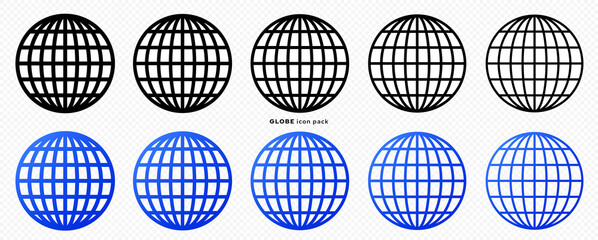 Globe icons set. Web globe flat linear icon. Silhouette of the globe with meridians. Vector elements.