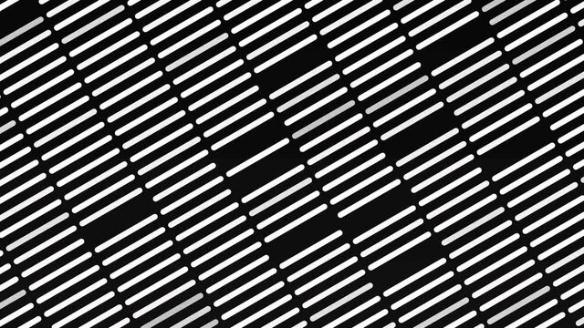 Diagonal rows of flowing narrow short stripes on black background, seamless loop. Animation. Monochrome moving parallel segments with some lacks of them in a row.