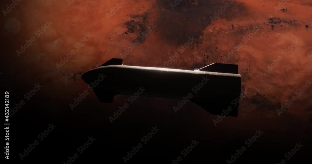 Sticker wide spaceship rocket flying above mars surface, space colonization concept