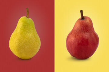 Red and yellow pear fruits on color background.