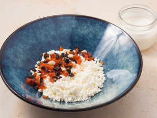 cottage cheese with dried fruits and homemade yogurt. Concept: proper nutrition, Breakfast