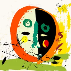Foto op Canvas retro face illustration, modern art style, with circles, paint strokes and splashes © Kirsten Hinte