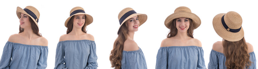 Blonde girl in a straw hat on a white background. Feminine hats made from natural materials