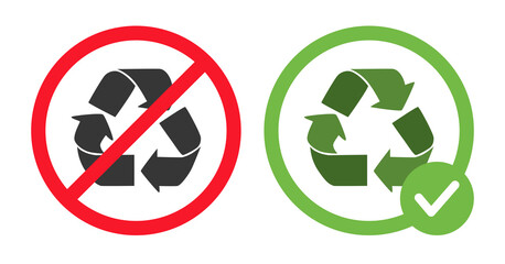 No recycling available or recycling is allowed signs vector flat illustration isolated on white background. Recycle icons in crossed out red circle and in green circle. Eco life, zero waste concept.