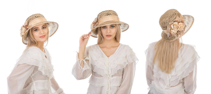 Blonde girl in a straw hat on a white background. Feminine hats made from natural materials