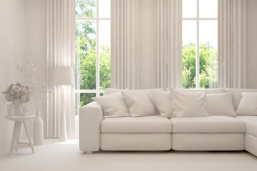 Mock up of stylish room in white color with sofa and green landscape in window. Scandinavian interior design. 3D illustration