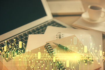 Double exposure of technology theme drawing and desktop with coffee and items on table background. Concept of data research.
