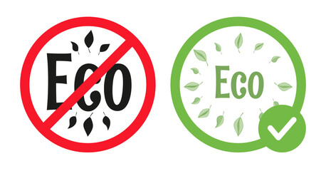 Allowed and forbidden eco signs vector flat illustration isolated on white background. Ecological permit. Recycle eco icons in crossed out red circle and in green circle. Eco life, zero waste concept.