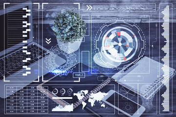 Double exposure of data theme drawing and mobile phone background. Concept of innovation