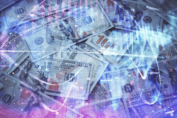 Multi exposure of business theme drawing over us dollars bill background. Concept of financial success.