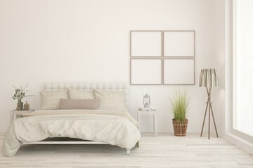 Soft color bedroom interior. Scandinavian design. 3D illustration
