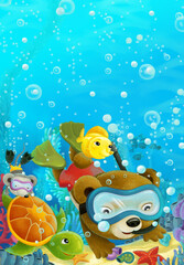 Naklejka premium cartoon ocean scene coral reef forest animals diving