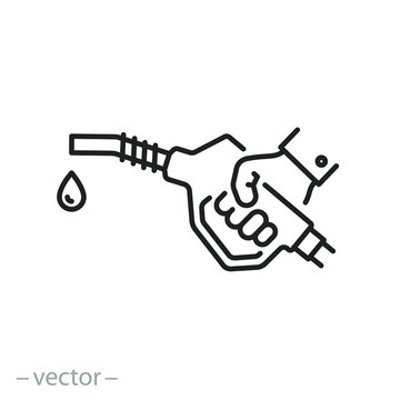 Hand Holding Fuel Pump, Icon, Petrol Or Diesel Station, Gasoline Nozzle, Car Fill, Thin Line Symbol On White Background - Editable Stroke Vector Eps10