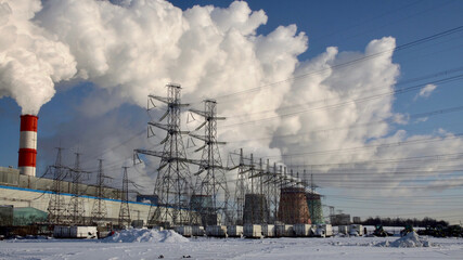 Power Station . Equipment Of Electric Power Stations .White Smoke From A Pipe	
