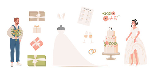 Wedding vector flat illustration. Groom with bouquet, bride in white wedding dress, wedding planning, marriage rings, wedding cake decorated with flowers and leaves, gift boxes, champagne glasses.