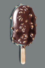 Hand drawing textured ice cream isolated in gray background. Delicious creamy popsicle in chocolate glaze with nuts. Use for poster, interior, menu, restaurant, card, brochure, flyer, print, 