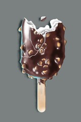 Hand drawing textured ice cream isolated in grey background. Delicious creamy bited popsicle in chocolate glaze with nuts. Use for poster, interior, menu, restaurant, card, brochure, flyer, print