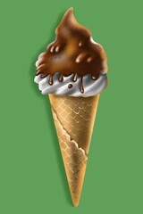 Hand drawing textured ice cream isolated in green background. Delicious crispy ice cream with chocolate icing. Use for poster, interior, menu, restaurant, card, brochure, flyer, print, textile, banner