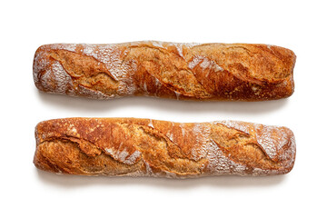Two rustic baguettes with a crisp golden crust, on a white background