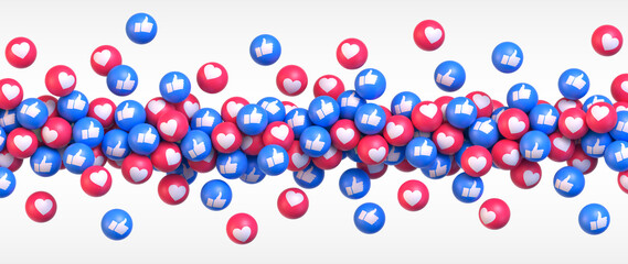 Get More Likes. Many flying balls with social media icons thumb up and heart. Vector illustration