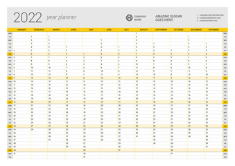 Calendar yearly planner template for 2022. Printable template. Week starts on Monday