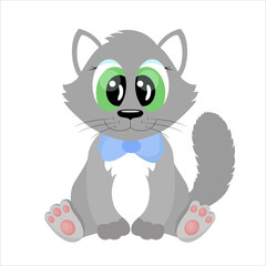 Cartoon cat character. Cute fluffy grey kitty with big eyes is sitting and smiling. Funny little pet. Vector illustration