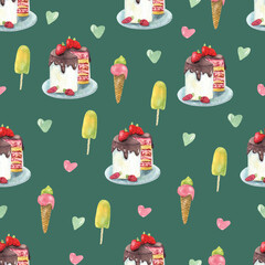 Watercolor seamless pattern with  ice cream and cakes decorated with strawberries on green background. Beautiful summer textile print. Great for fabrics, kids clothing, covers, phone cases. Sweet food