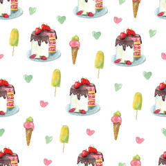 Watercolor seamless pattern with  ice cream and cakes decorated with strawberries on white background. Beautiful summer textile print. Great for fabrics, kids clothing, covers, phone cases. Sweet food