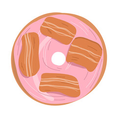 Cute delicious sweet donut with pink icing and caramel bacon.Vector hand drawn cartoon