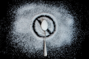 A top view of the sugar in teaspoons and the prohibition sign on a separate sugar on a black...