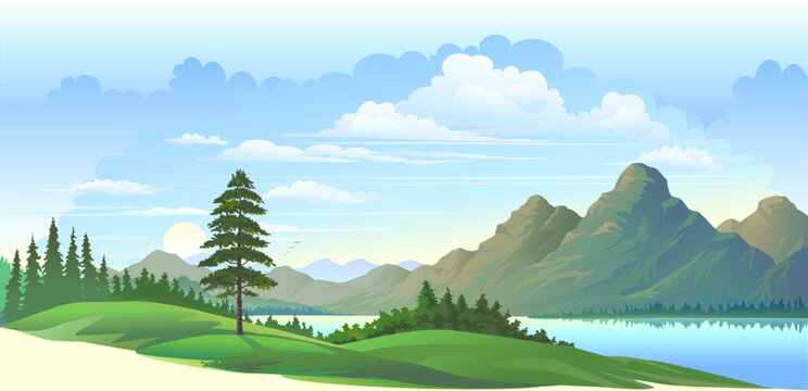 Sunrise over beautiful countryside, mountains, and meadows.